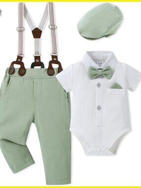 Infant Gentleman Wedding Outfit Set Short Sleeve Romper Suspenders Beret Formal